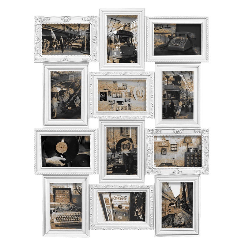 Jerry & Maggie 12 Opening Collage Photo Frame Rustic 23Ã—18 Vintage Embossed Finish PVC Picture Frames Selfie Gallery Collage Wall Hanging For 6Ã—4 Photo, White - Image 1